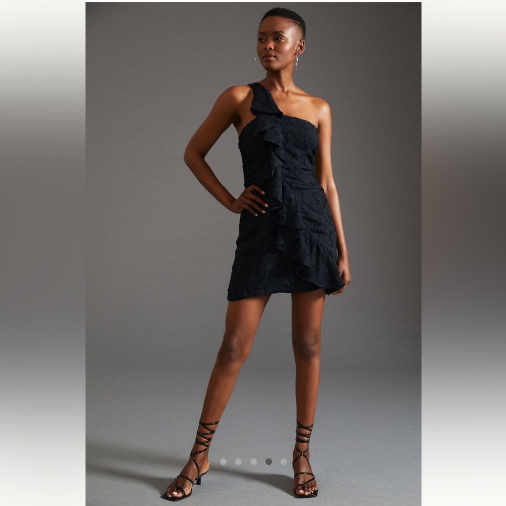 Anthropologie Ruffled One Shoulder Textured Mini Dress Black size 8